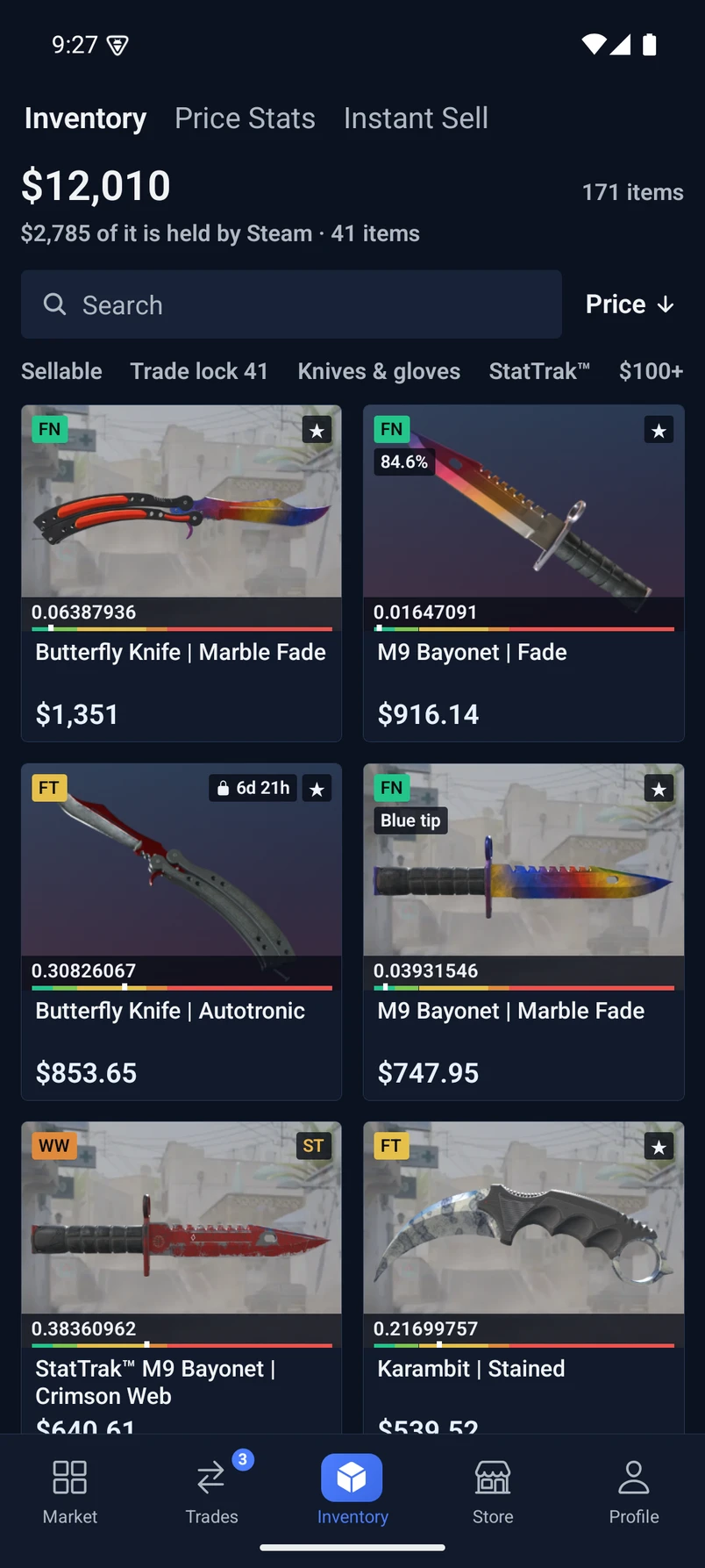 CSBoard inventory with item prices in dark mode