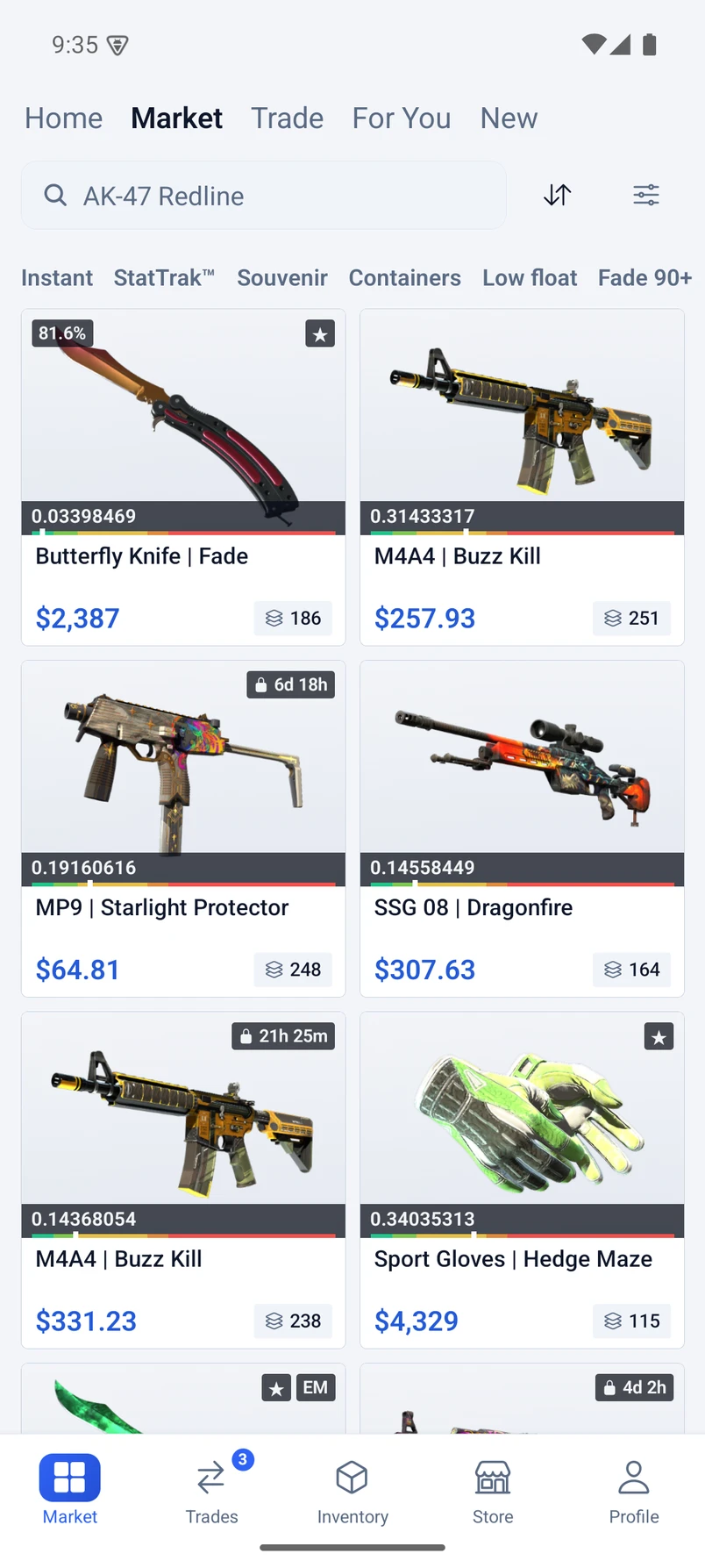 CSBoard marketplace in light mode, with skin listings, prices and wear values